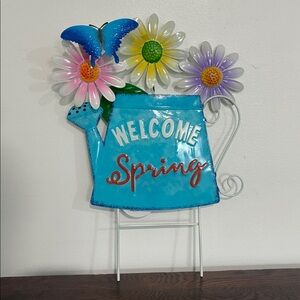 NWT- Welcome Spring Blue Watering Can Floral 🦋 Metal Garden Yard Stake Sign